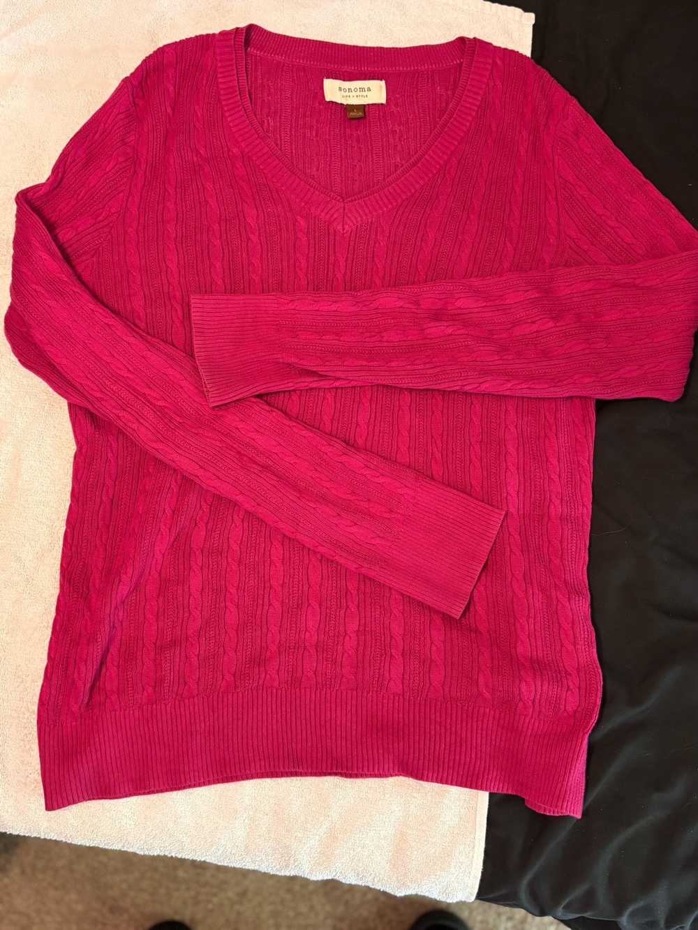 Sonoma V-Neck Cable Knit Sweater - Fuchsia Pink